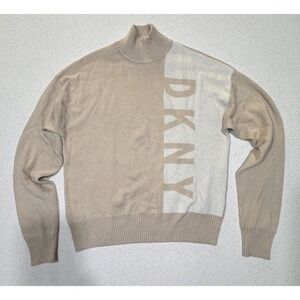 DKNY Beige Turtleneck Sweater Women's Small Logo knit Pullover y2k